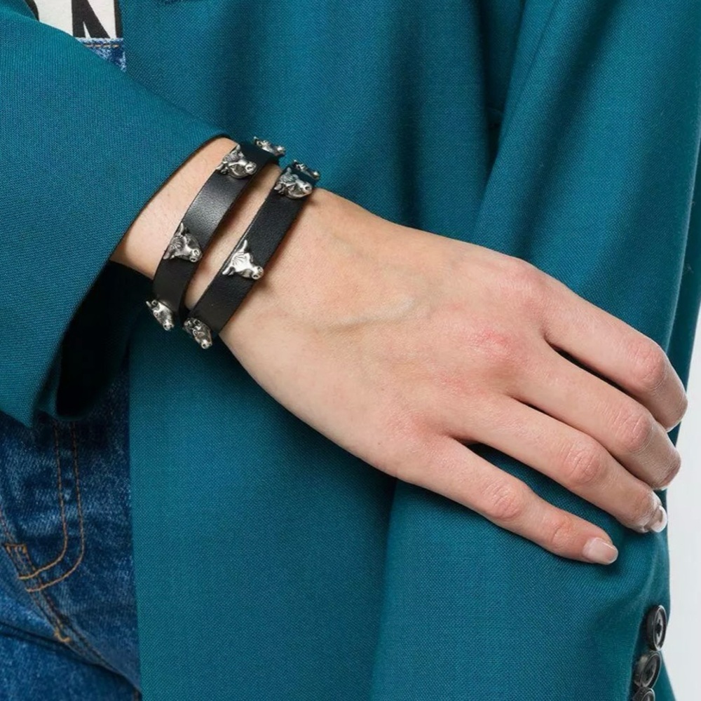 Gucci sterling silver anger forest bull head black leather choker/ double wrap - Picture 11 of 15